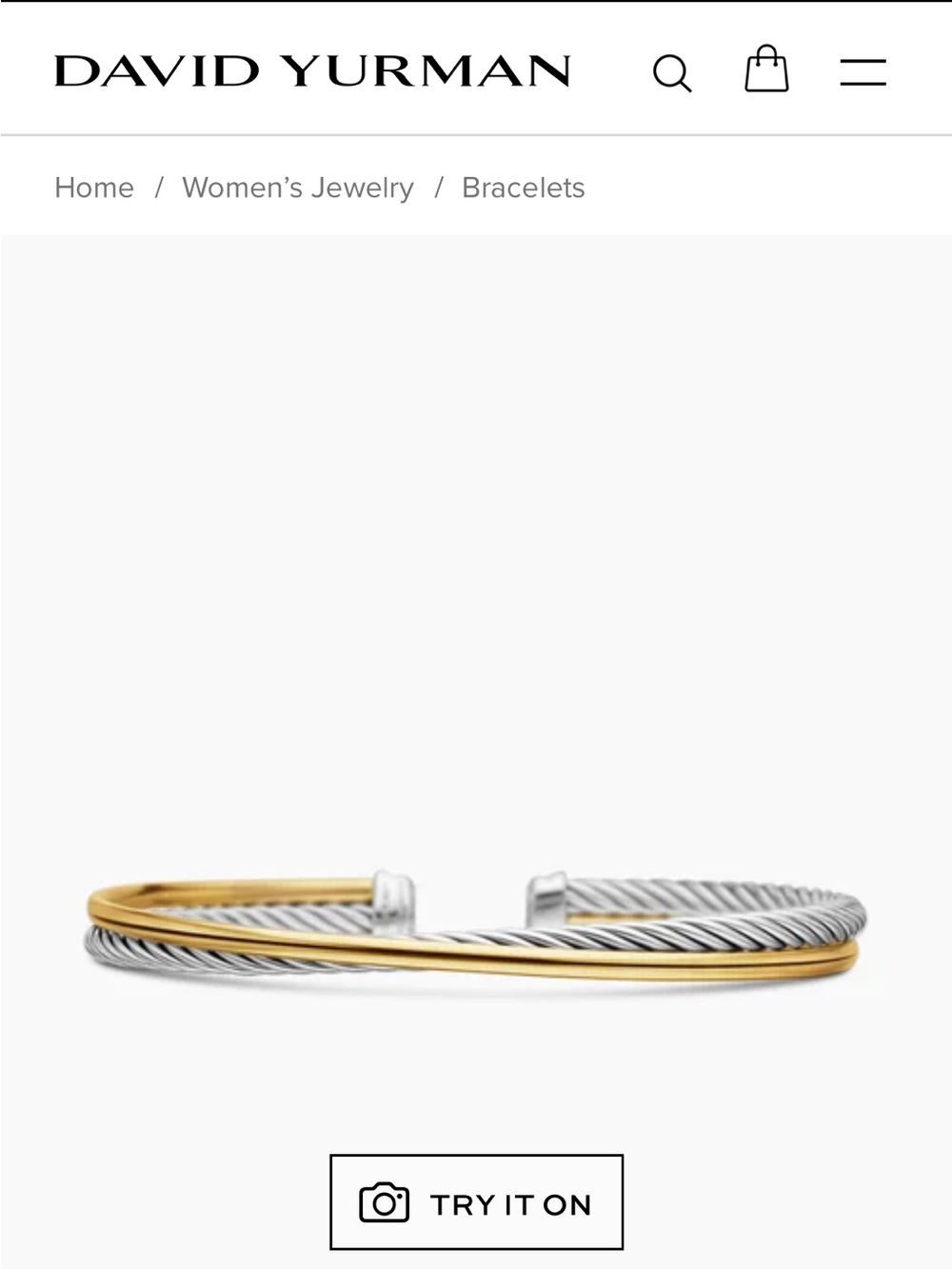 Authentic David Yurman womens Two-Tone Cable Cuff Bracelet - Silver & Gold